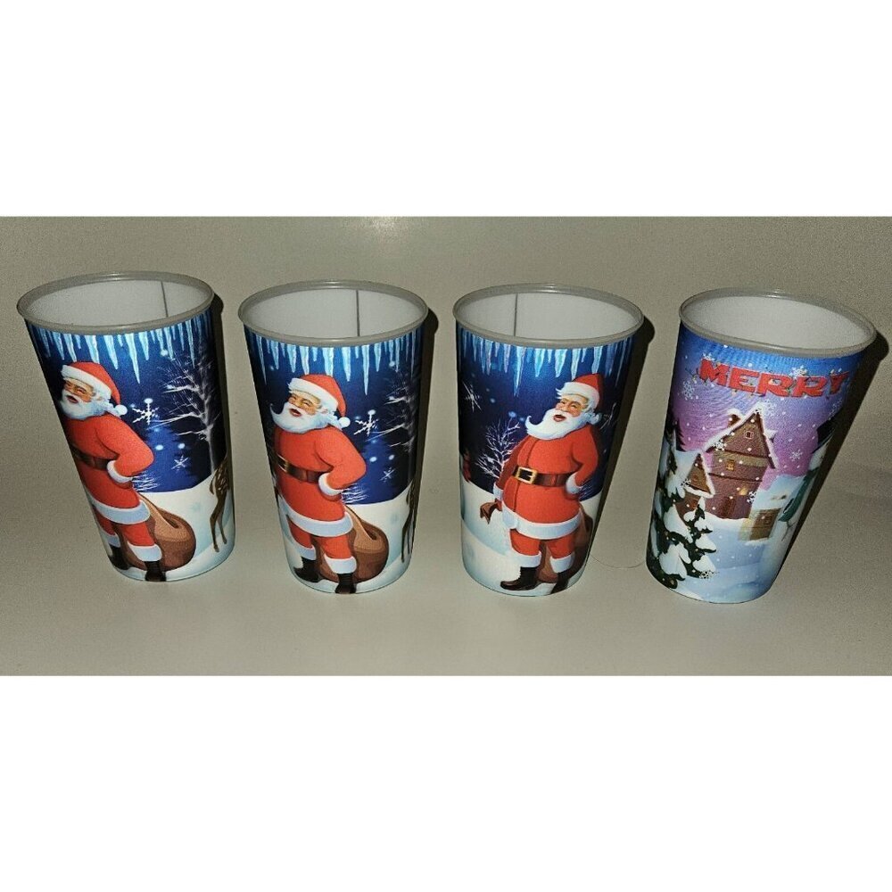4 Christmas Holographic Plastic Cups Tumbler Lot Santa Snowmen Winter NEVER USED